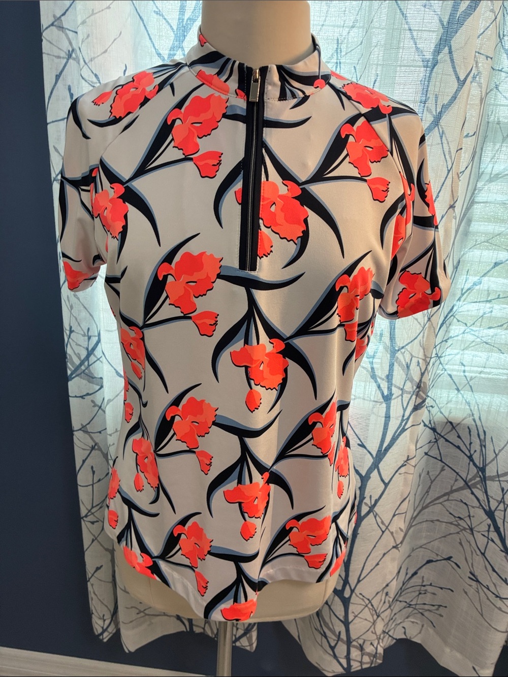 Tail Floral Zip-Neck Top - White with Coral Floral